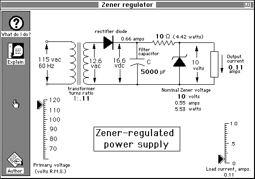 Simple Zener-regulated power supply. Download for Macintosh or for PC.